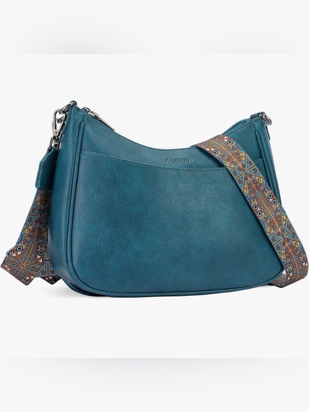Teal Shoulder Bag with Detachable Patterned Strap